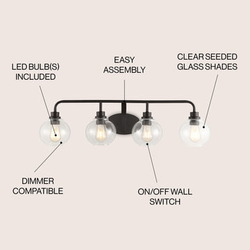 Sandrine Iron/Seeded Glass Cottage Rustic LED Vanity Light